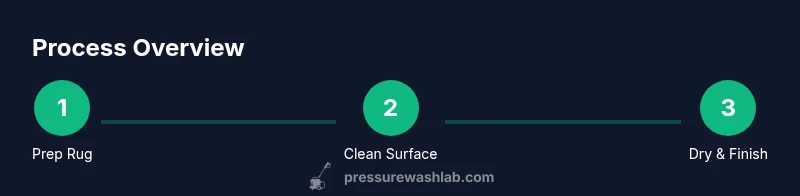 Three-step infographic showing rug prep, cleaning, and drying with a pressure washer