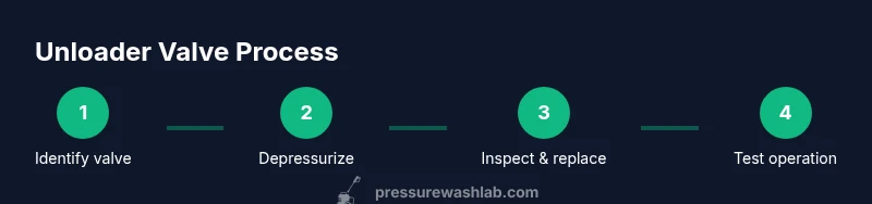 Infographic showing steps to locate and service pressure washer unloader valve