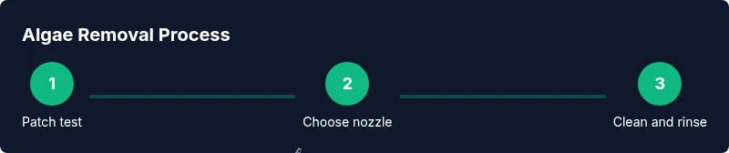 Infographic showing a three-step algae removal process with a pressure washer