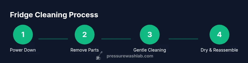 Infographic showing a 4-step fridge interior cleaning process without high-pressure washing