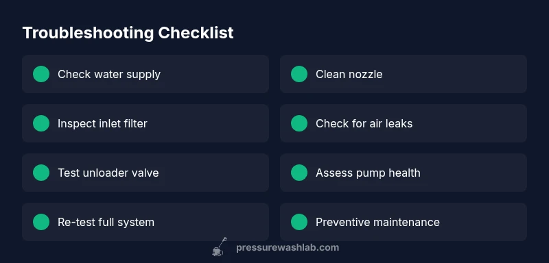 Checklist infographic for troubleshooting weak spray on a pressure washer