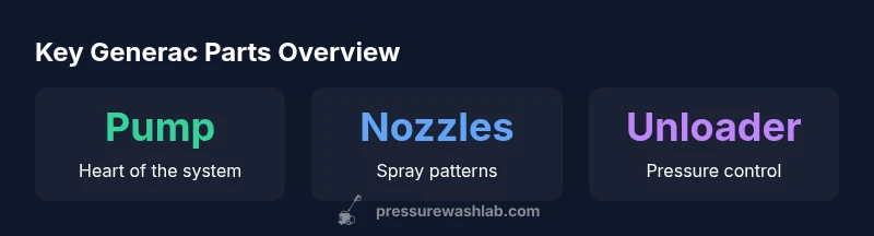 Infographic showing pump, nozzles, and unloader components of Generac pressure washer parts