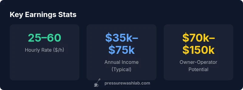 Infographic showing typical hourly rate, annual income, and owner-potential for pressure washer pros in 2026