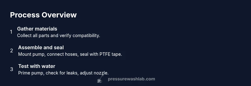 Diagram of a DIY trash can pressure washer setup showing pump, hoses, and spray wand connected to a 5-gallon can.