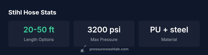 Infographic showing hose length options, max pressure, and material for the stihl pressure washer hose