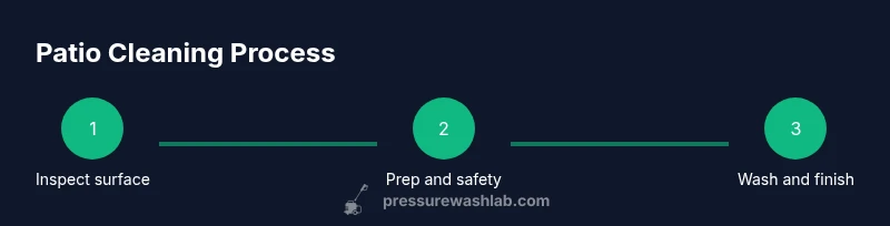 Process infographic showing three steps to clean a patio with a pressure washer