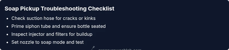 Checklist for diagnosing soap pickup issues on a pressure washer