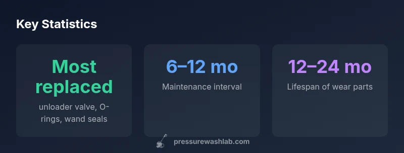 Infographic showing key wear parts and maintenance intervals for Greenworks pressure washers