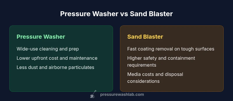 Comparison chart: pressure washer vs sand blaster showing use cases and safety notes